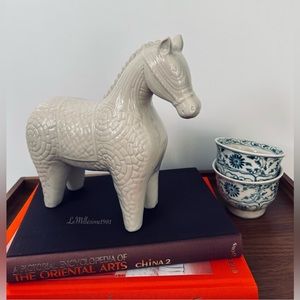 Vintage Minimalist Ivory Porcelain Ceramic Tang Chinese War Horse Statue